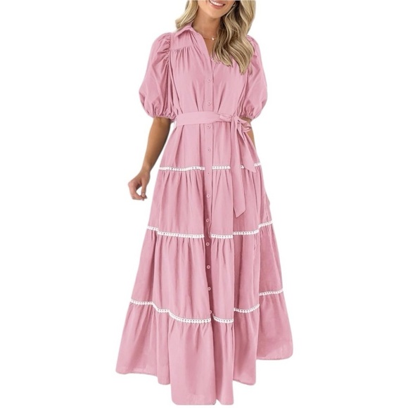 Pretty Garden Summer Pink Button Down Shirt Dress Short Puffy Sleeve Size M & L - Picture 1 of 11
